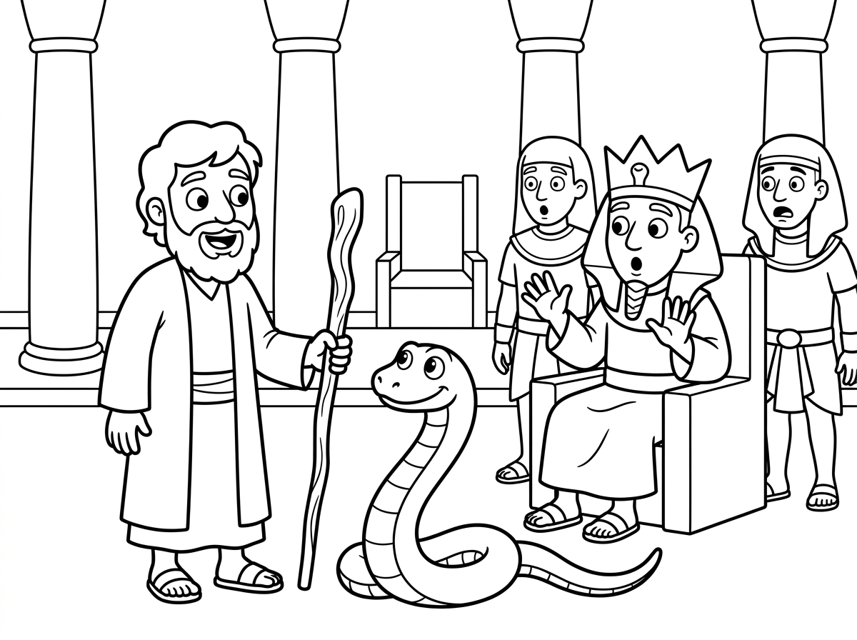 שלום אני רוצה בבקשה שתיצור לי דף צביעה של מטה אהרון שהוא עומד מול פרעה והמטה נהפך לנחש וכול היו בהלם