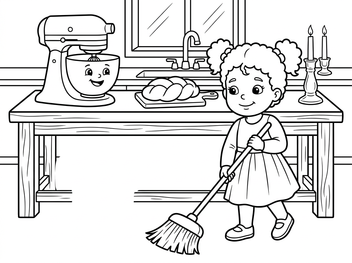 צור לי תמונה של ילדה בת שנתיים עוזרת לטאטא את המטבח ובשיש יש מיקסר וחלות ואווירה של לפני שבת