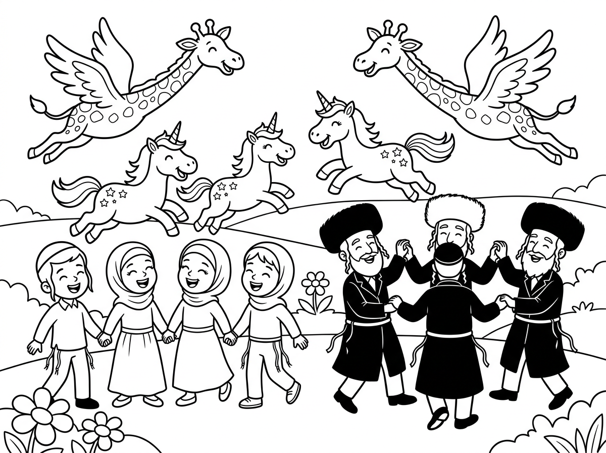 תייצר לנו דף צביעה חדש בו ילדי ישראל הצדיקים מחייכים וחסידי סאטמר רוקדים לידם וברקע ג'ירפות מעופפות וחדי קרן שמחים איתם