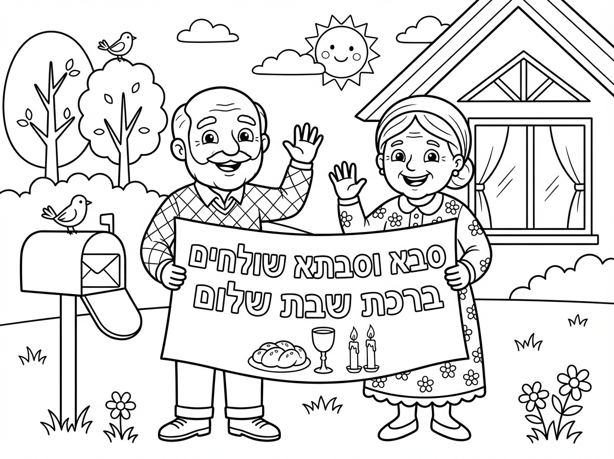 אפשר דף צביעה עם כיתוב סבא וסבתא שולחים ברכת שבת שלום