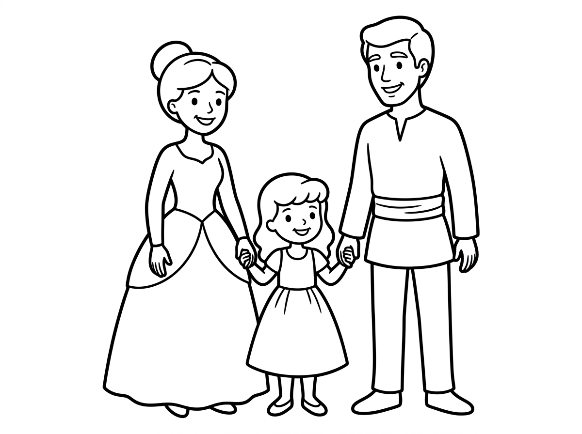 תיצור לי בבקשה דף צביעה עם לכלוכית וסינדרלה וההורים של סינדרלה