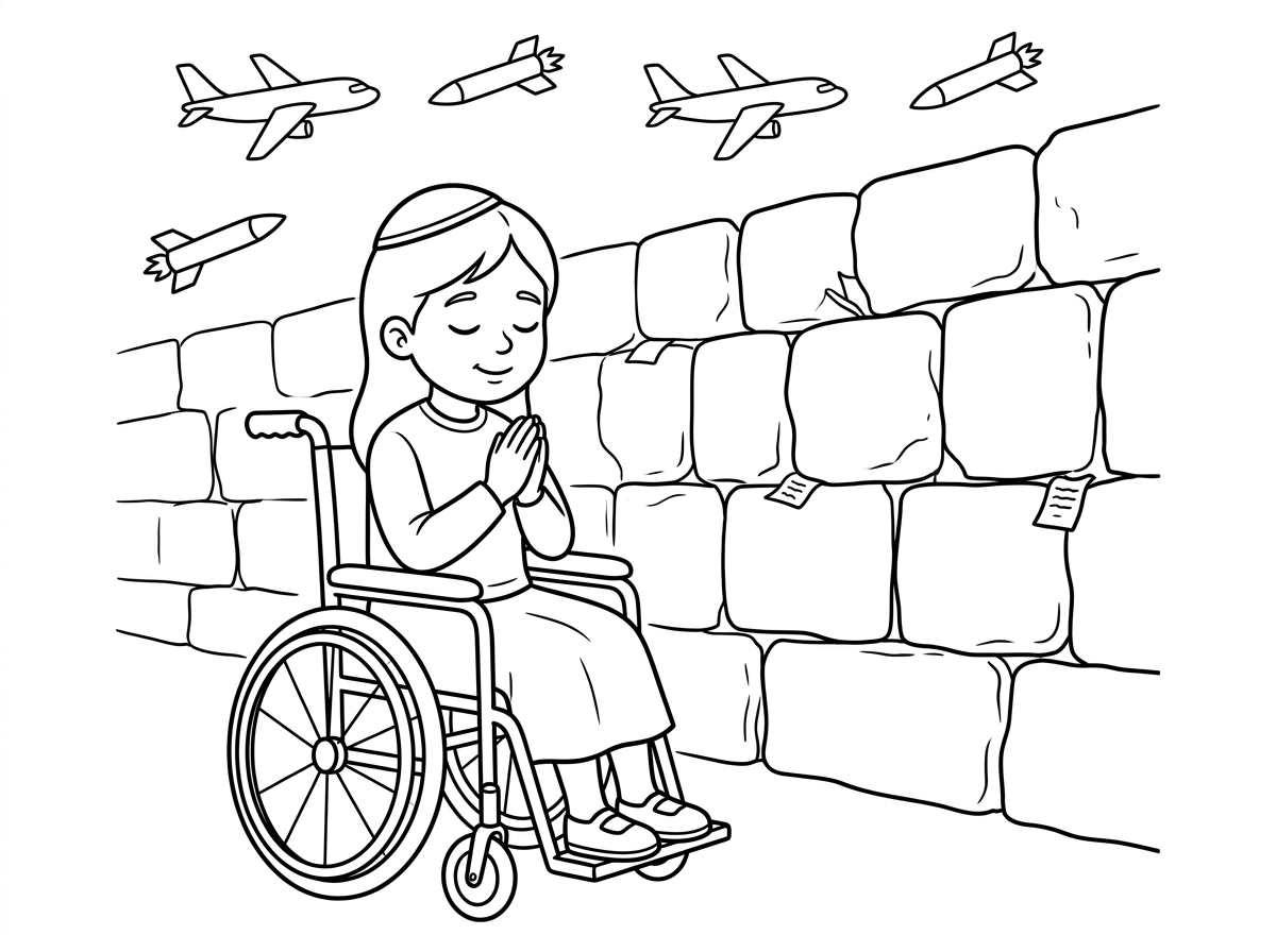 ילדה על כסא גלגלים עם חצאית מתפללת בכותל וטילים ומטוסים מעל בשמים