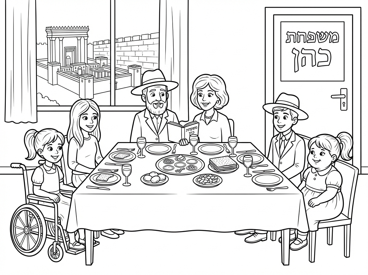 משפחה בת 8 נפשות בחורה בת 16 בחור עם כובע וחליפה בגיל 14 בחור נוסף בגיל 13 קצת שמנמן עם כובע וחליפה, ילדה נוספת עם חצאית בגד שבתי וקוקו ארוך על כסא גלגלים ו4 בנים נוספים בגיל 10 ובגיל 8  ובגיל 7 אבא עם כובע אמא עם פאה וילדה בגיל 4 שמנמונת עם בגד שבתית, וקוקו ארוך, יושבים בליל הסדר עם חלון שברקע נראה בית המקדש והכותל המערבי, בצד השני של הסלון רואים את הדלת שכתוב עליה משפחת כהן