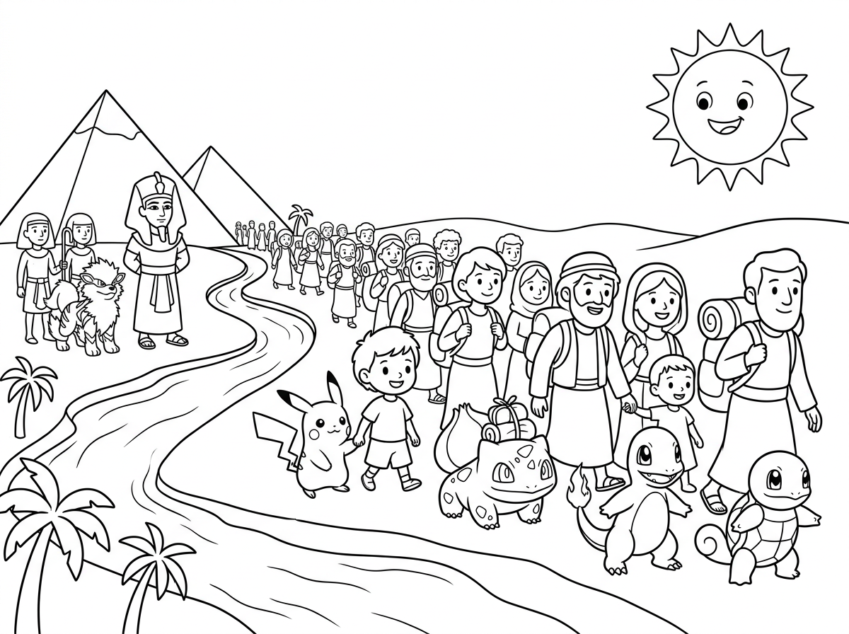 תצייר  דמויות של אנשים יוצאים ממצרים, פרעה והמשרתים ותוסיף גם דמויות של פוקימון בסגנון מצויר של פיקסאר שיהיה מסביב פרמידות, נהר הנילוס שמיים ושמש בקווים פשוטים לילדים קטנים