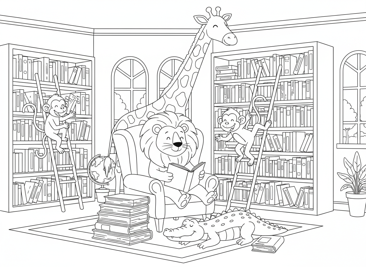 ספארי בתוך ספרייה
אריה קורא ספר, ג’ירפה מגיעה למדף העליון, קופים גולשים על סולמות, ותנין ישן על ערימת ספרים.