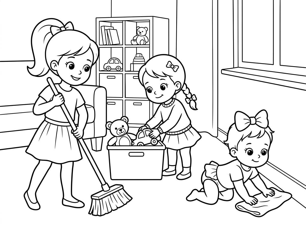 תני לי דף צביעה של שלוש ילדות מתוקות אחת בת שש, אחת בת שלוש וחצי ואחת בת שנה. אה, שמסדרות את הבית. משהו חמוד, קליל, כמובן צנוע חצאיות אה עם אולי איזה קשת חמודה בשיער.