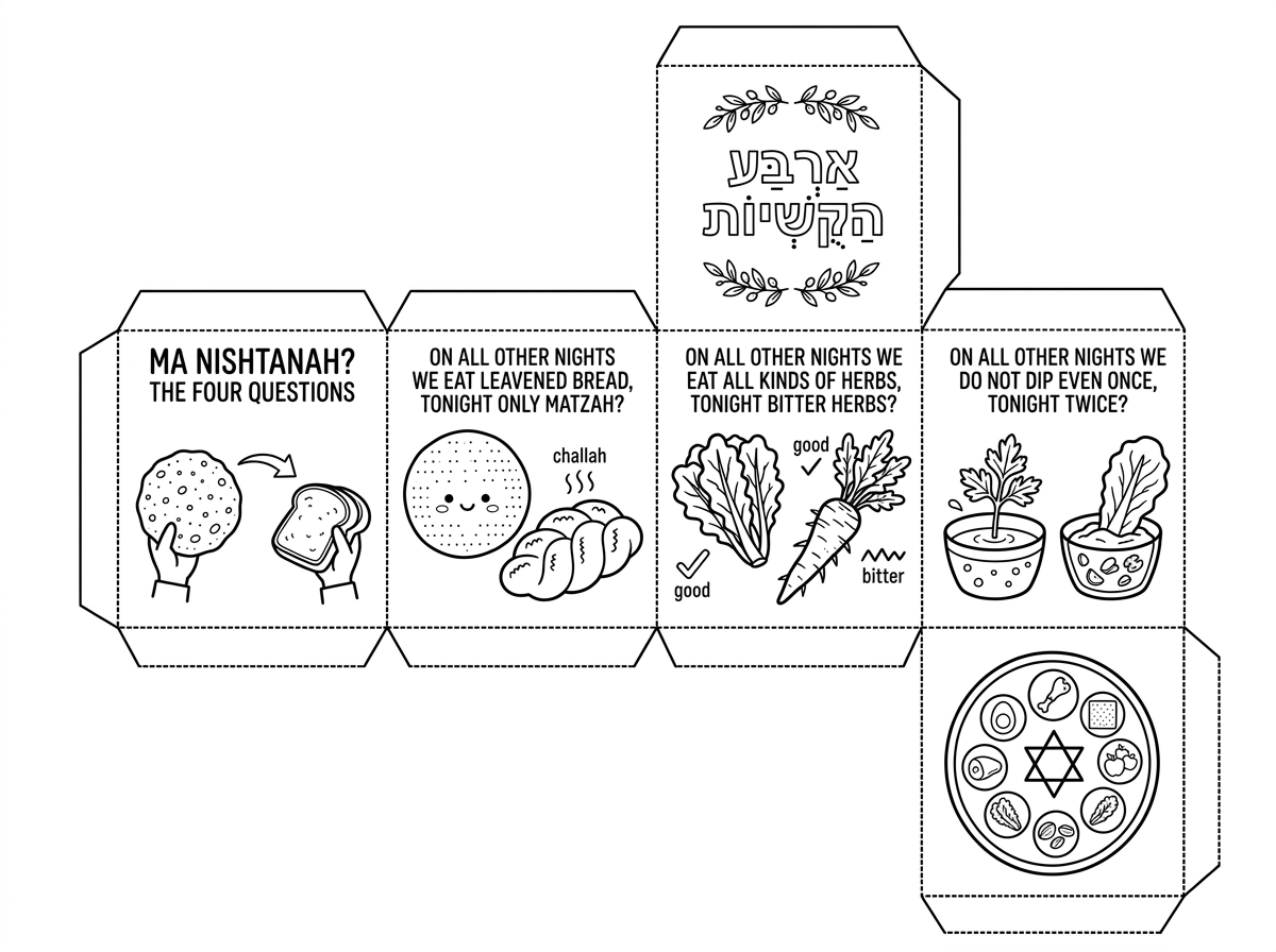 תכין לי דף לצביעה 
בצורת קוביה 

על ידי גזירה וקיפול 

בכול צד של הקופסא
יש 
ציורים שמותאמים 
ל4 קושיות של ליל הסדר.
בעיצוב מלא ומעניין
