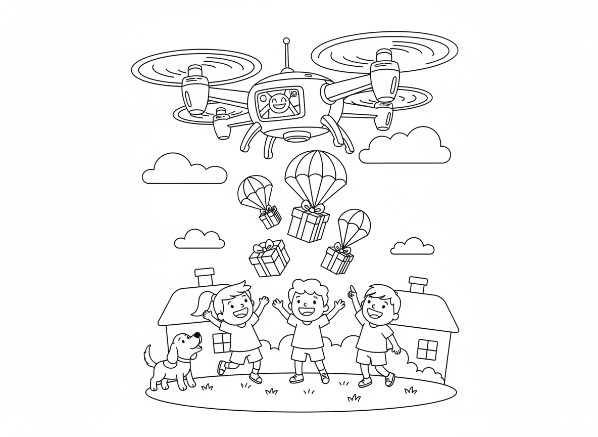 רחפן משלוחים מוריד חבילות - רחפן משלוחים עתידני מוריד חבילות מתנה עטופות לילדים שמחים בשכונה, מדחפים מסתובבים, מסך GPS, מצנחי חבילות, כלב נובח על הרחפן, גגות בתים למטה