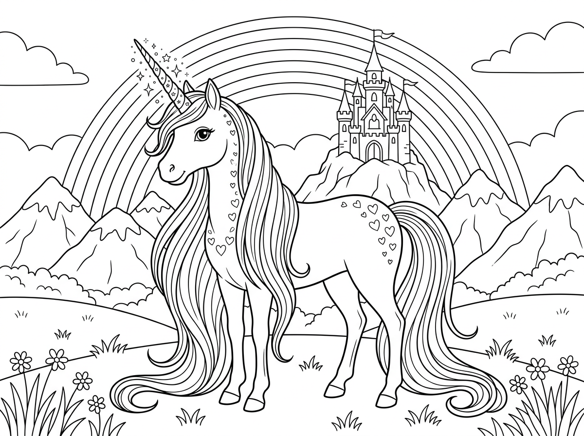 שלום אנחנו רוצים דף צביעה של חד קרן שנראה כמו סוס אמיתי קווים עדינים ומפורטים עם שיער שמגיע עד הרצפה, קרן יפה עם ניצנוצים עליה ועיטורי לבבות עדינים על החד קרן, ברקע דש והרים ומרחוק טירה וקשת בענן