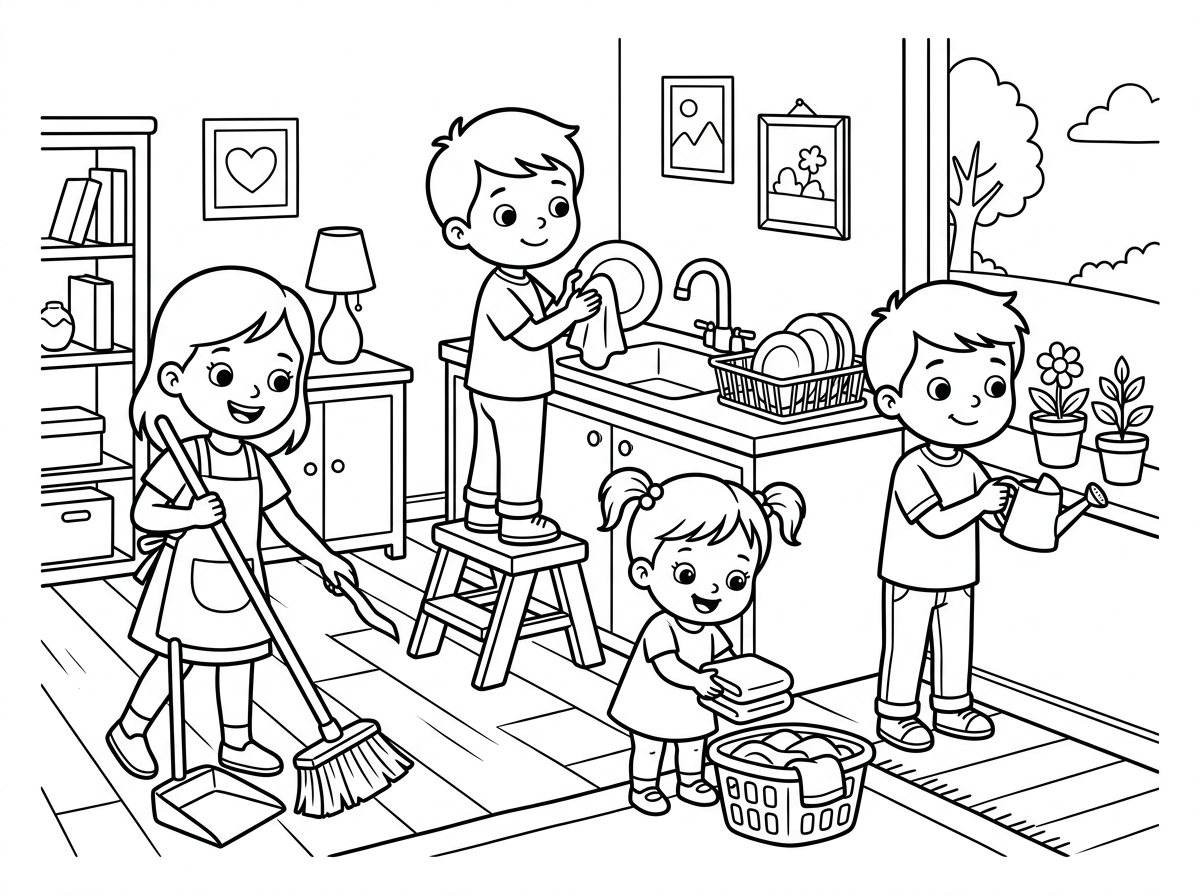 תכין לי ציור של ילדים עוזרים בבית