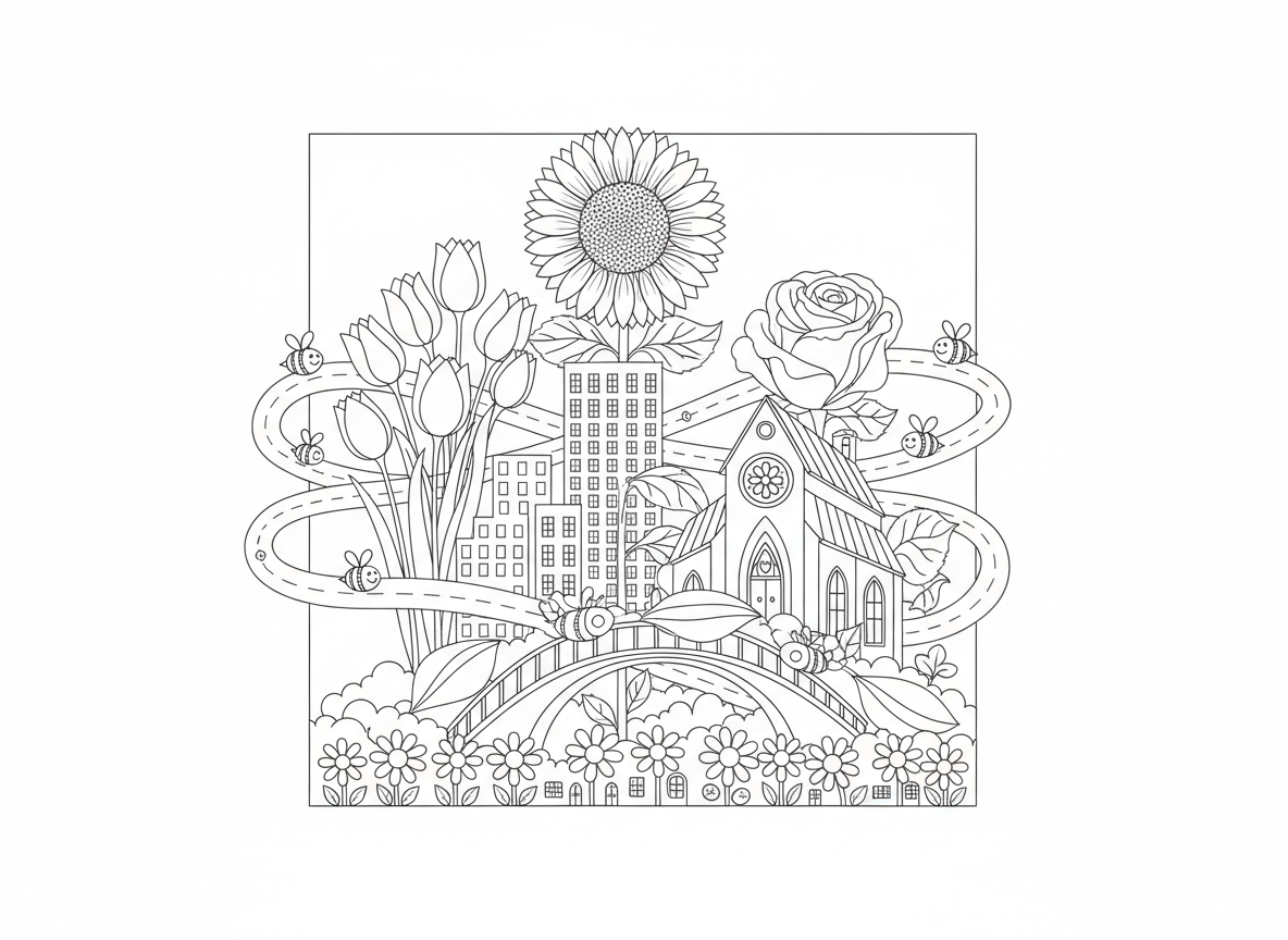 קו רקיע עיר פרחים - קו רקיע עירוני שכל בניין הוא פרח שונה, גורד שחקים חמנייה, בניין דירות צבעוני, קתדרלת ורדים, בתי חינניות, גשר שושנים, כבישי גפנים, תנועת דבורים, מכוניות עלי כותרת