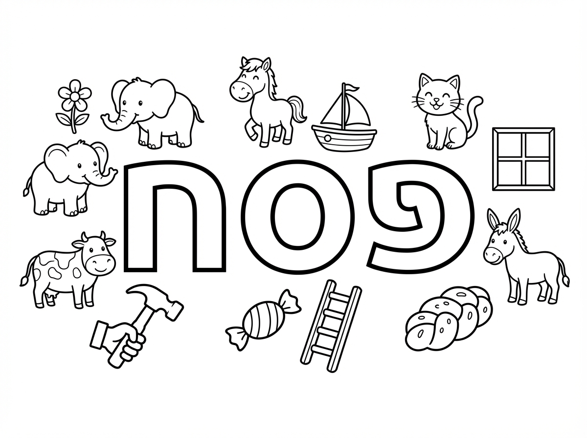 תכין לי דף צביעה שכתוב בו באמצע בגדול את המילה פסח
ומסביב כל מיני חפצים שמתחילים באותיות פ, ס, ח 
ארבע מילים מכל אות