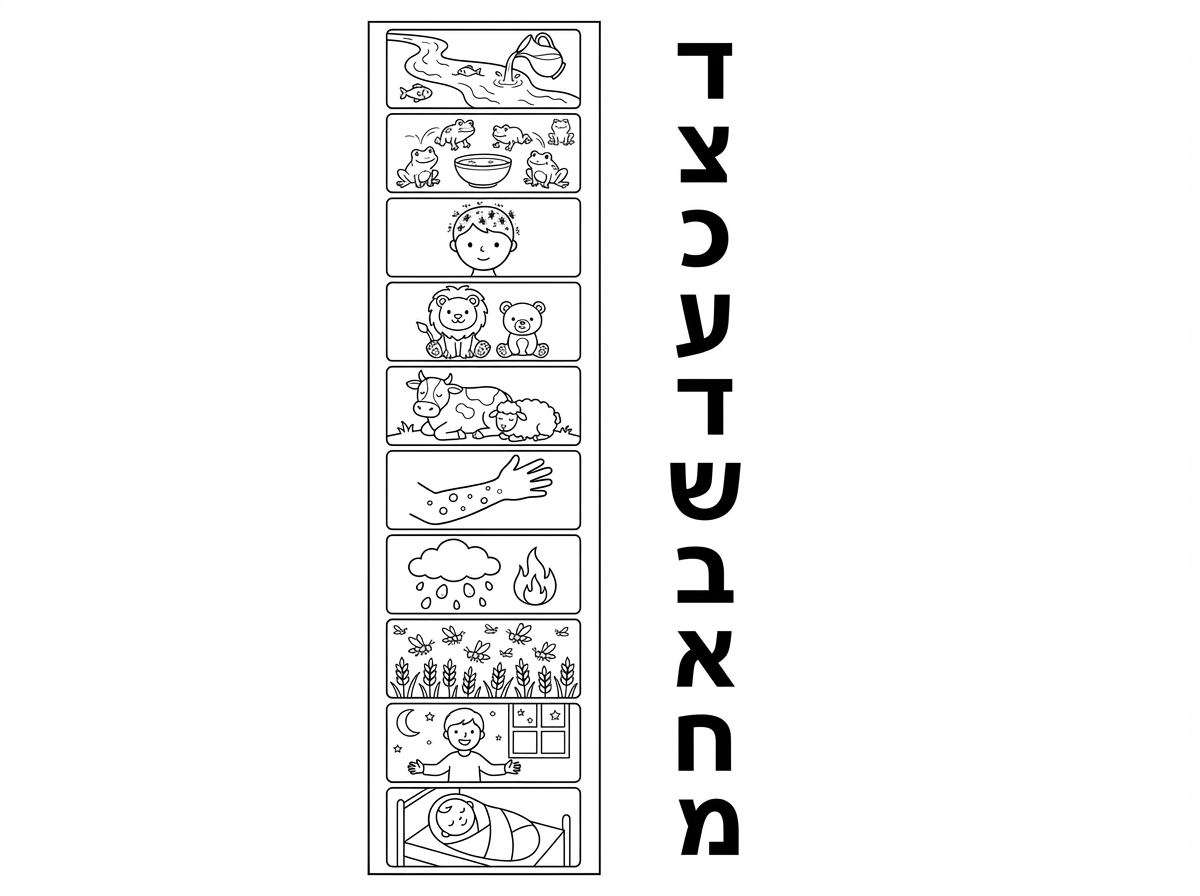 תכין לי דף שבו יש בחצי דף ציור של כל אחת מעשרת המכות ובחצי השני את האותיות בהן מתחילות כל אחת מהמכות