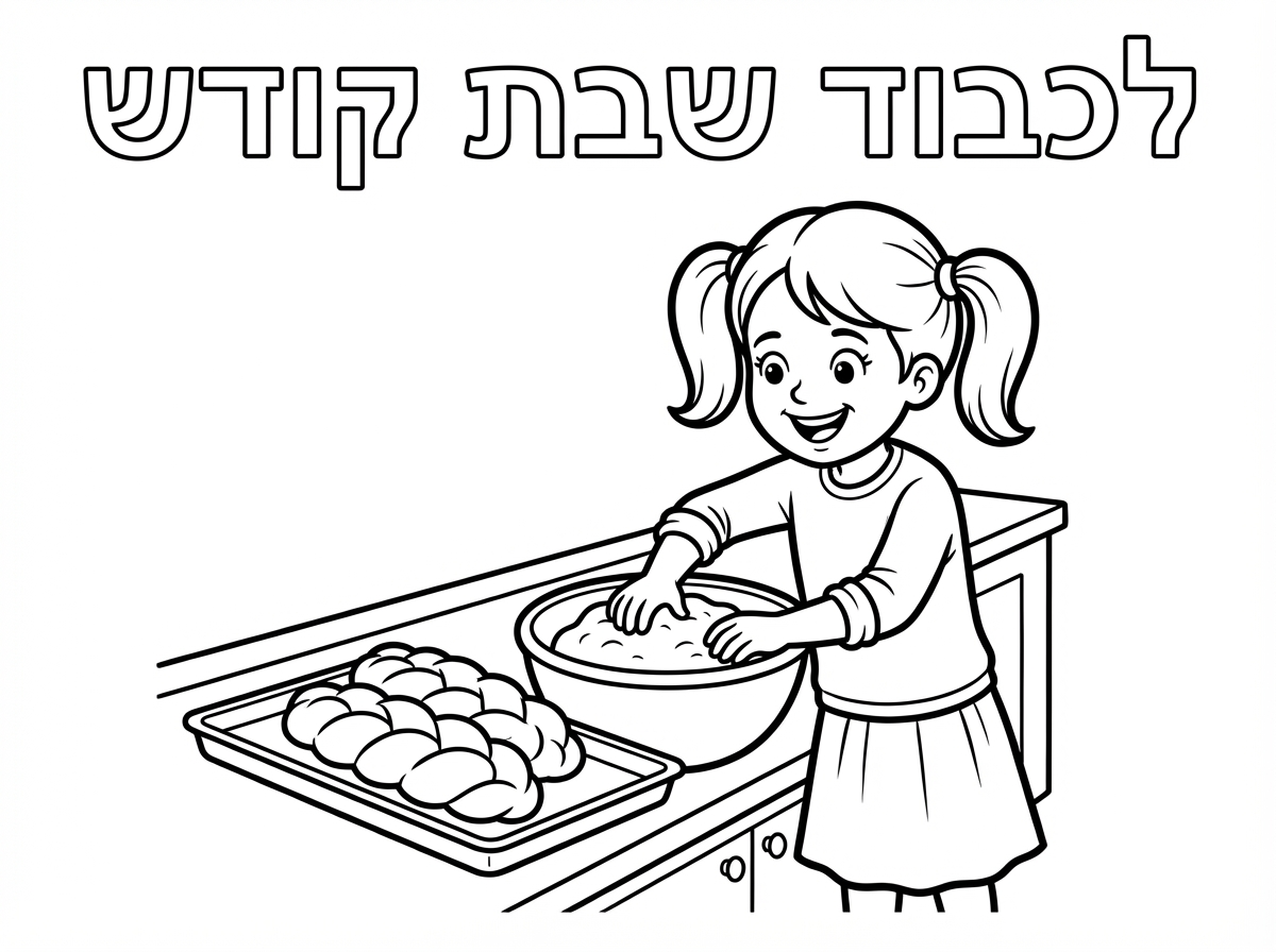 תכין לי בבקשה דף צביעה של ילדה (עם חצאית ושרוולים ארוכים) מכינה חלות וכתוב לכבוד שבת קודש