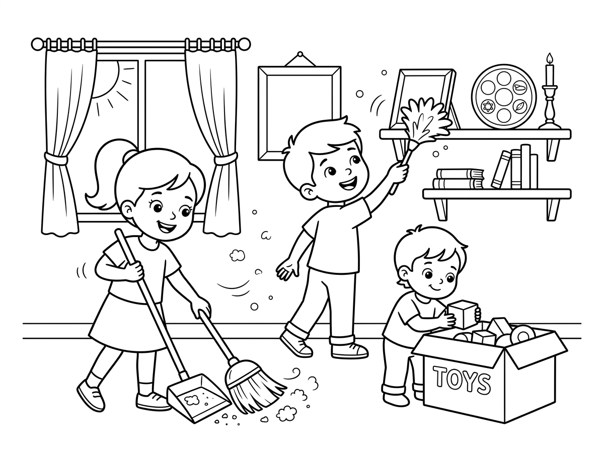 אתה יכול להכין דף צביעה של הילדים הבאים מנקים את הבית לפסח?