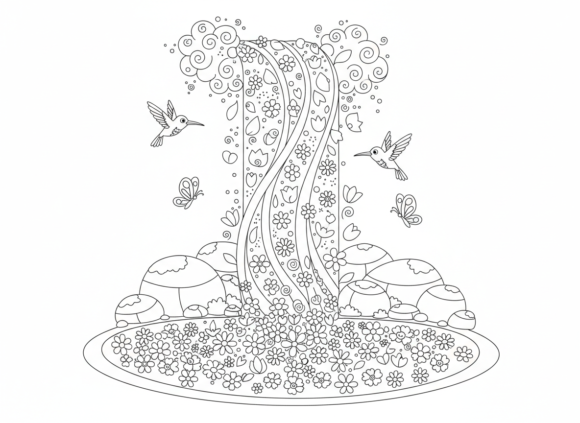 מפל קשת פרחים - מפל קסום שזורם עם עלי כותרת בצבעי קשת במקום מים, ערפל אבקה, פרפרים ויונקי דבש מבקרים, בריכת פרחים צפים למטה, סלעי קשת מכוסי טחב