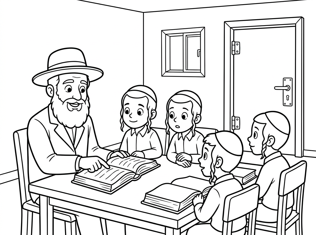 תצייר קבוצת ילדים- כיתת ילדים בנים חרדיים ליטאים שלומדים שיעור חומש עם המורה/הרב שלהם בממ"ד