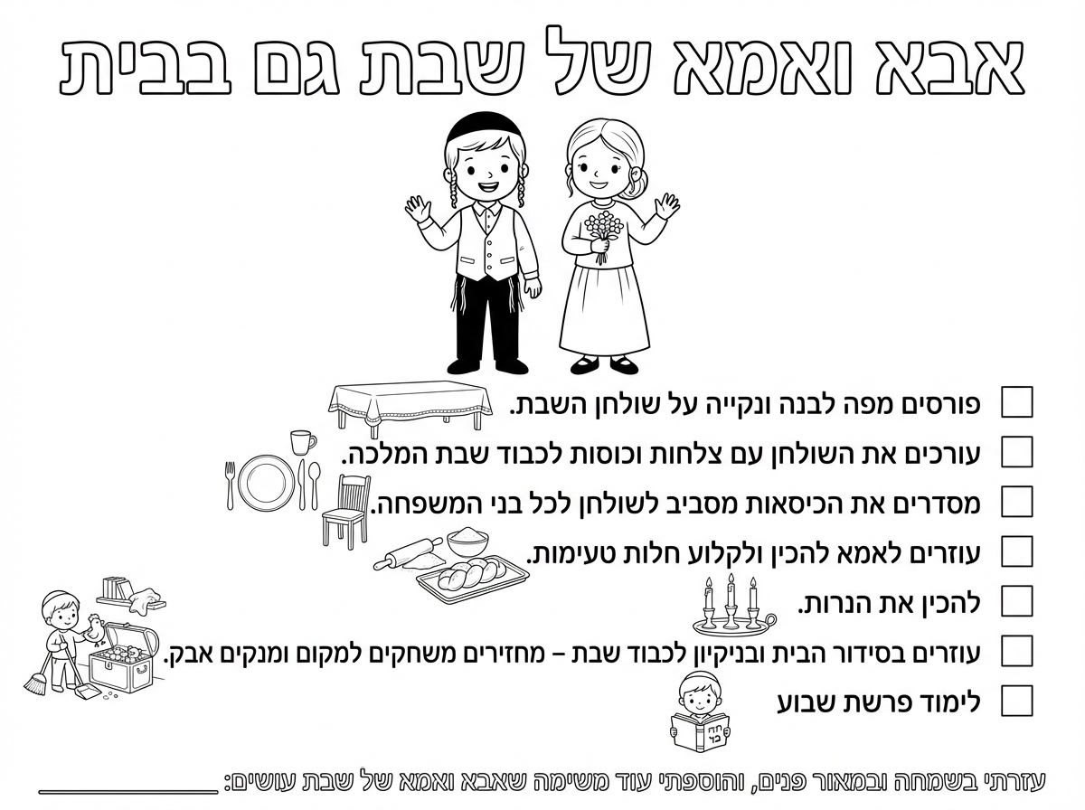 כותרת עליונה (אותיות חלולות לצביעה): אבא ואמא של שבת גם בבית איור מרכזי: במרכז הדף מופיעים ילד וילדה חמודיים בלבוש חרדי: • הילד: לובש ציצית וכיפה, עם פאות קצרות ומסודרות. • הילדה: לבושה בבגדים צנועים (חצאית ארוכה ושרוולים). רשימת המשימות (עם ריבוע קטן לסימון V ליד כל אחת): • כתוב: פורסים מפה לבנה ונקייה על שולחן השבת." (איור של שולחן עם בד פרוס). • כתוב: עורכים את השולחן עם צלחות וכוסות לכבוד שבת המלכה." (איור של סט צלחת וסכו"ם). • כתוב: "מסדרים את הכיסאות מסביב לשולחן לכל בני המשפחה." (איור של כיסא עץ). • כתוב: עוזרים לאמא להכין ולקלוע חלות טעימות." (איור של מערוך ובצק קלוע). • כתוב: להכין את הנרות." (איור של שלושה פמוטים – שניים גבוהים ואחד נמוך יותר). • כתוב: עוזרים בסידור הבית ובניקיון לכבוד שבת – מחזירים משחקים למקום ומנקים אבק." (איור של ילד מניח תרנגול בתוך ארגז צעצועים או מחזיק מטלית). זו המשימה הראשונה. • ⁠כתוב: לימוד פרשת שבוע (אעור של ילד קורא ספר). למטה תכתוב: עזרתי בשמחה ובמאור פנים, והוספתי עוד משימה שאבא ואמא של שבת עושים: ________________