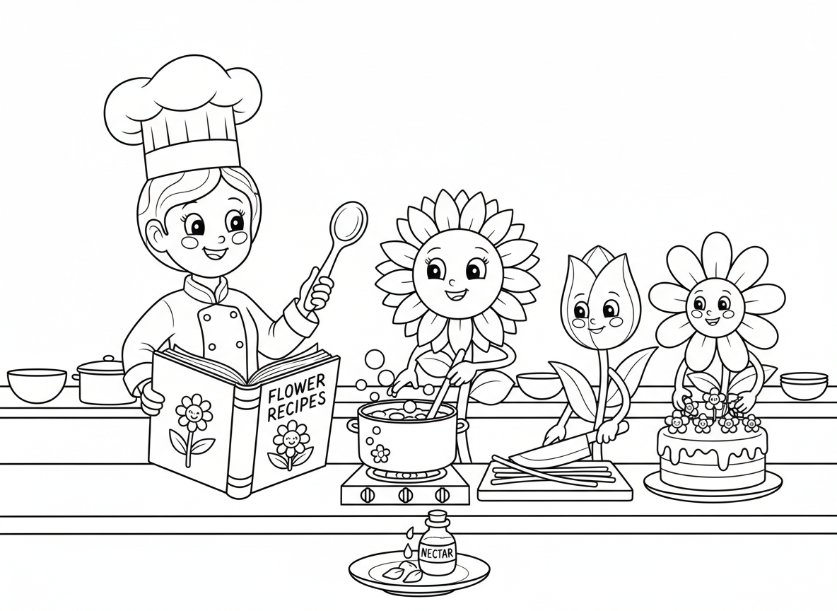 שיעור בישול לפרחים - פרחים בשיעור בישול, ורד שף מלמד, חמנייה מערבבת מרק עלי כותרת, צבעוני חותך גבעולים, חיננית מקשטת עוגה עם פרחים מיני, ספר מתכוני מאכלי פרחים, תיבול צוף