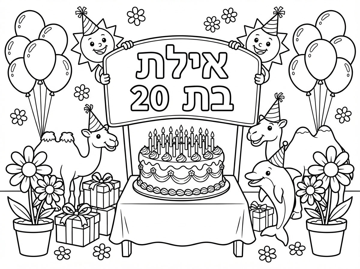 דף צביעה שכתוב 
על שלט:
אילת בת 20
עם פרחים, מתנות, בלונים, עוגות
