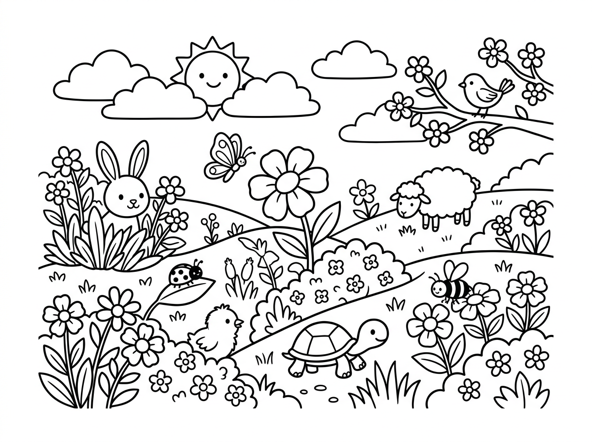 רוצה דף של אביב שיסתתרו שם  ארנב פרפר חיפושית אפרוח צב שמש פרח דבורה כבשה ציפור