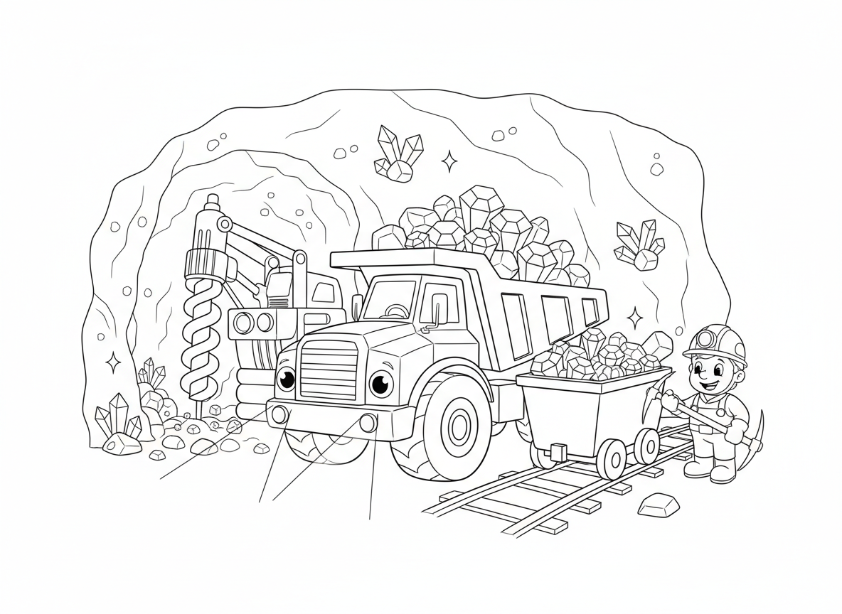 כלי רכב כרייה מתחת לאדמה - כלי רכב כרייה עובדים עמוק מתחת לאדמה, משאית כרייה נושאת אבני חן וזהב, מכונת קידוח חודרת קיר סלע, פנסים מאירים קריסטלים, עגלת כרייה על פסים, כורה עם אור קסדה