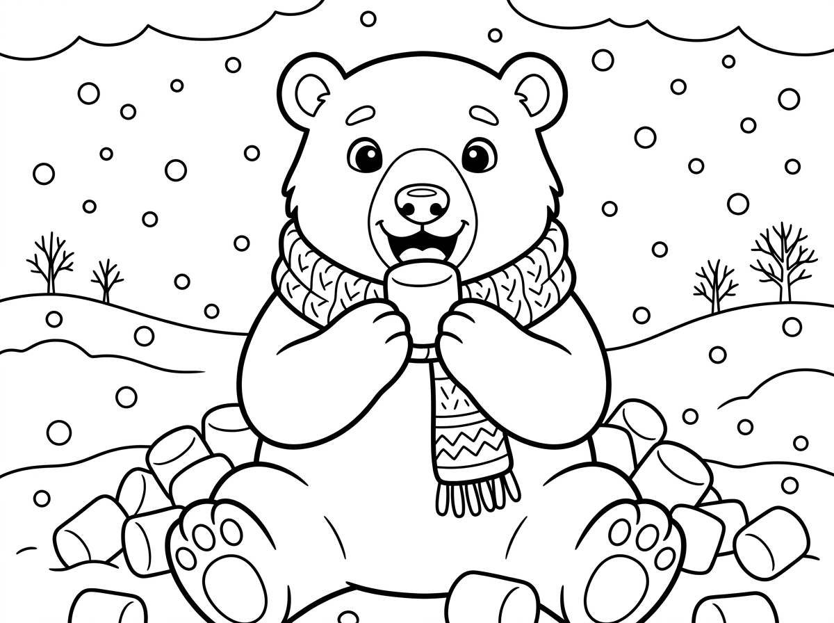 תיצור לי בבקשה תמונה של דב קוטב אוכל מרשמלו בסופת שלגים