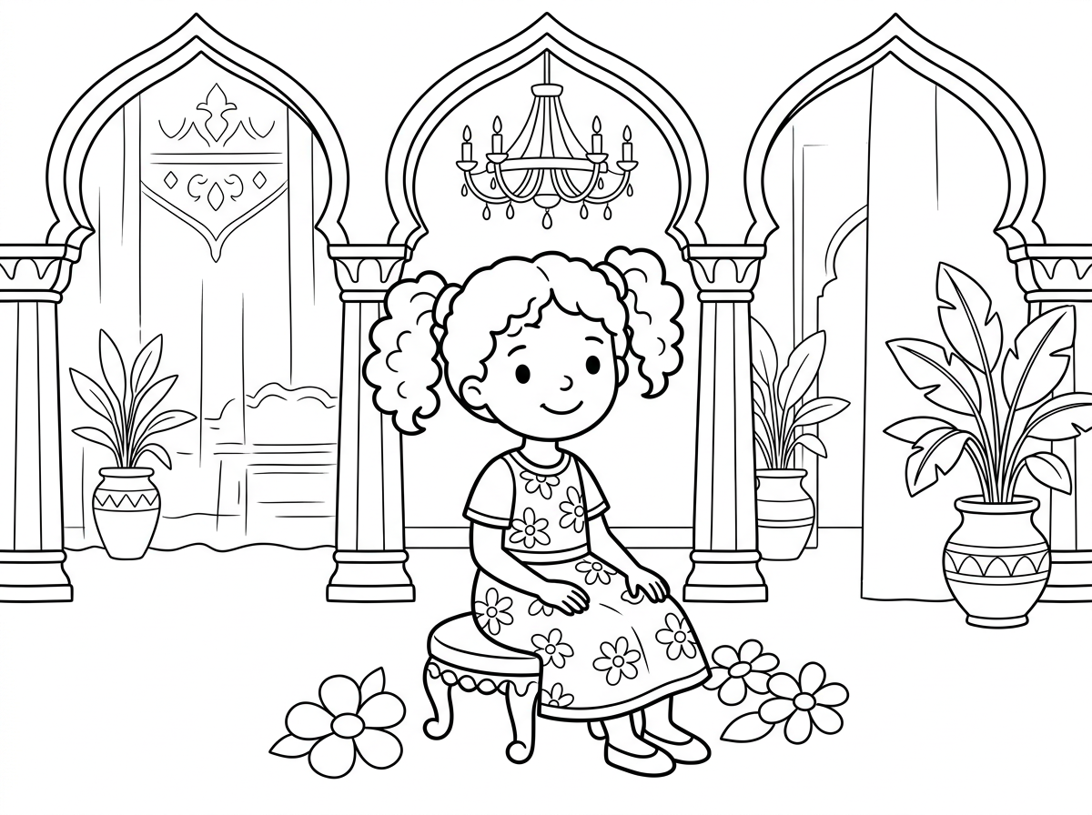 תהפוך לי את התמונה לדף צביעה כשברקע יראה שהילדה יושבת בתוך ארמון