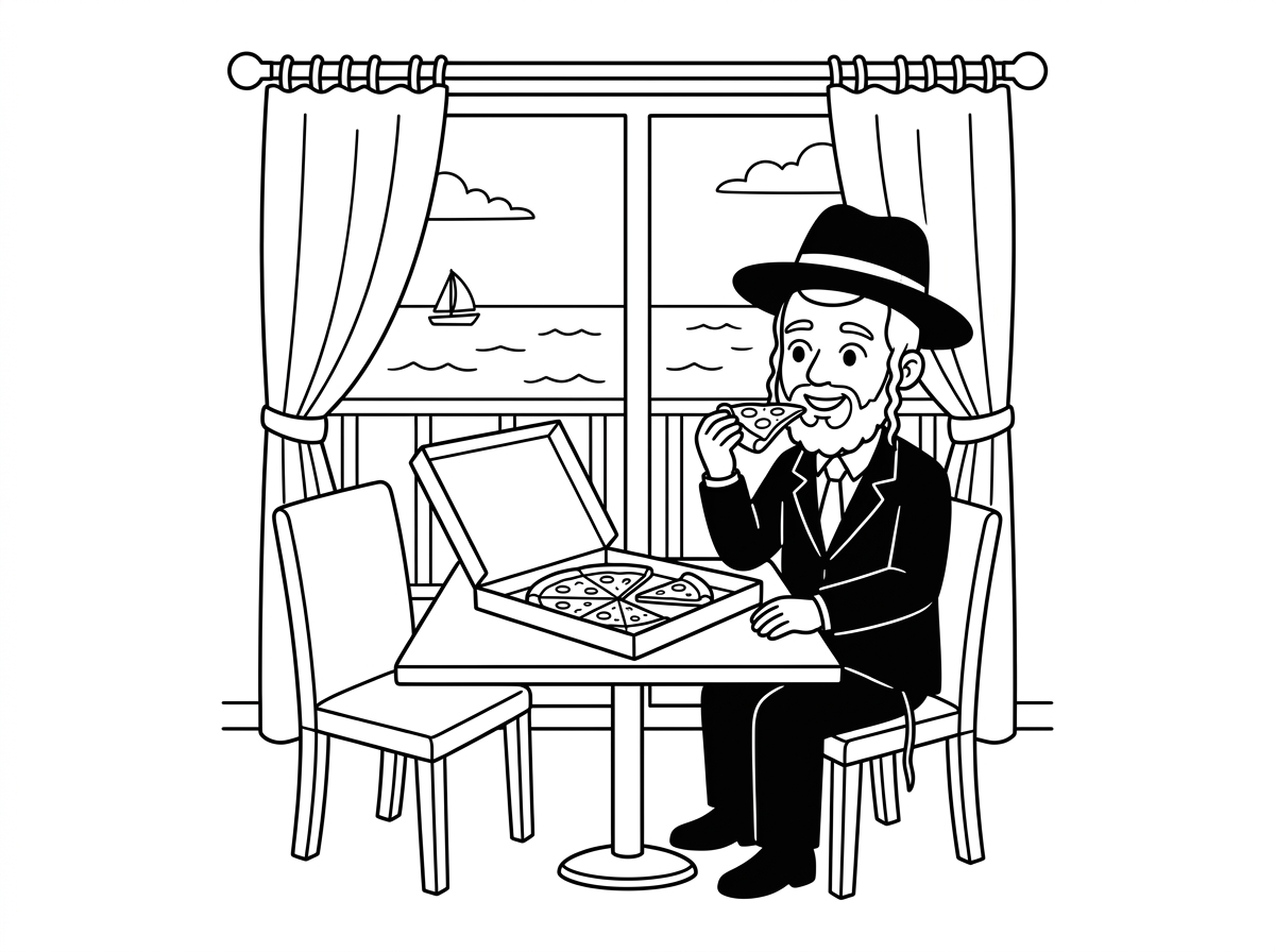 תמונה של אברך בבית מלון אוכל פיצה וצופה לים