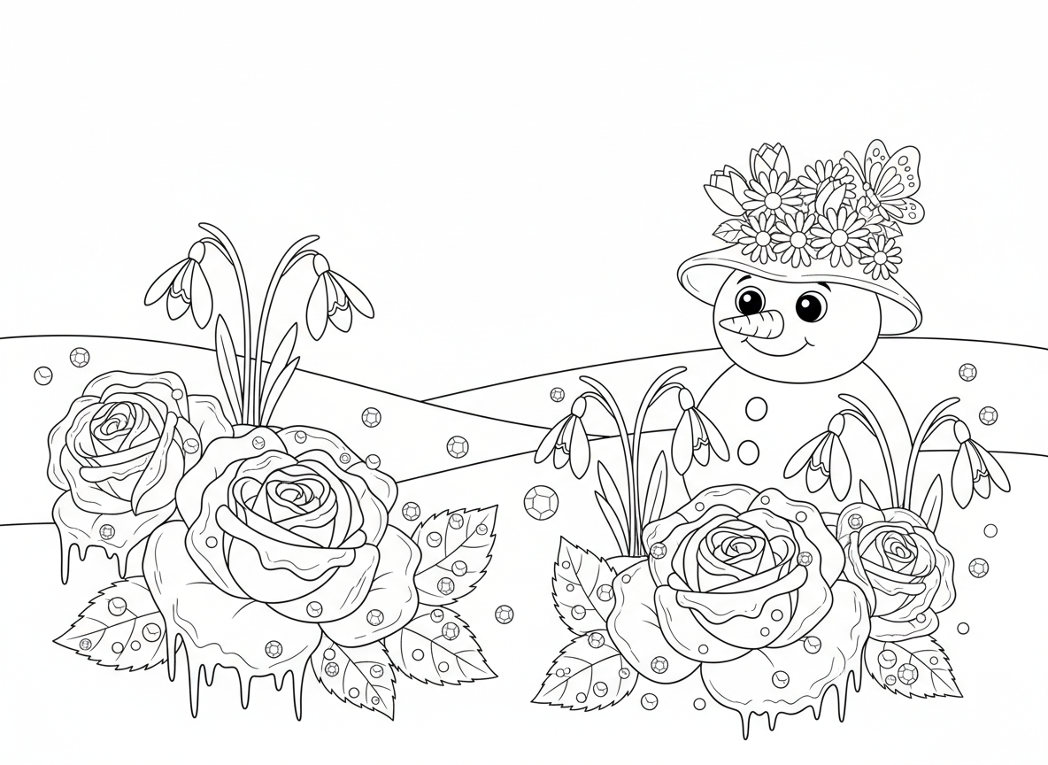 ארץ פלאות חורפית של פרחים - פרחים פורחים בנוף חורפי מושלג, ורדים מכוסי כפור, פרחי שלג דוחפים דרך השלג, עלי כותרת קרחונים, טיפות טל קפואות כקריסטלים, איש שלג עם כובע פרחים, פרפר חורף