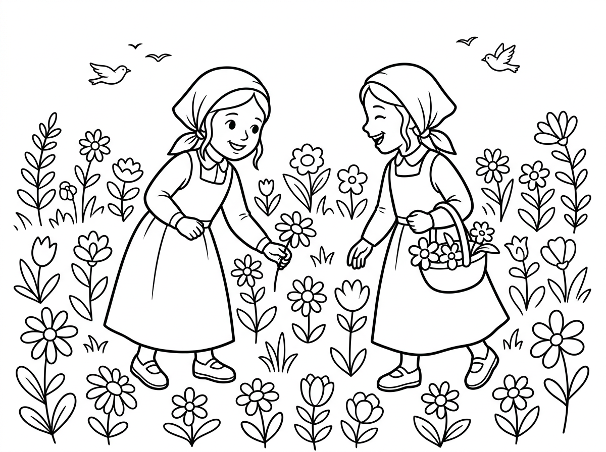 תחילי דף צביעה של ילדות חסידיות צנועות משחקות ביחד עם שדה פרחים.