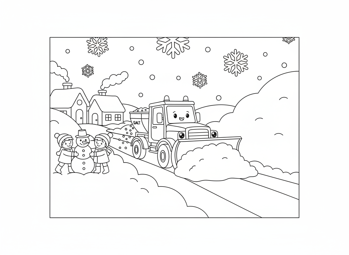 מפלסת שלג מפנה את הכביש - מפלסת שלג גדולה עם פרצוף שמח מפנה כביש מושלג, להב ענק דוחף שלג הצידה, מפזר מלח מאחור, שלג נערם גבוה משני הצדדים, ילדים בונים איש שלג בקרבת מקום, בתים מפנקים, פתיתי שלג
