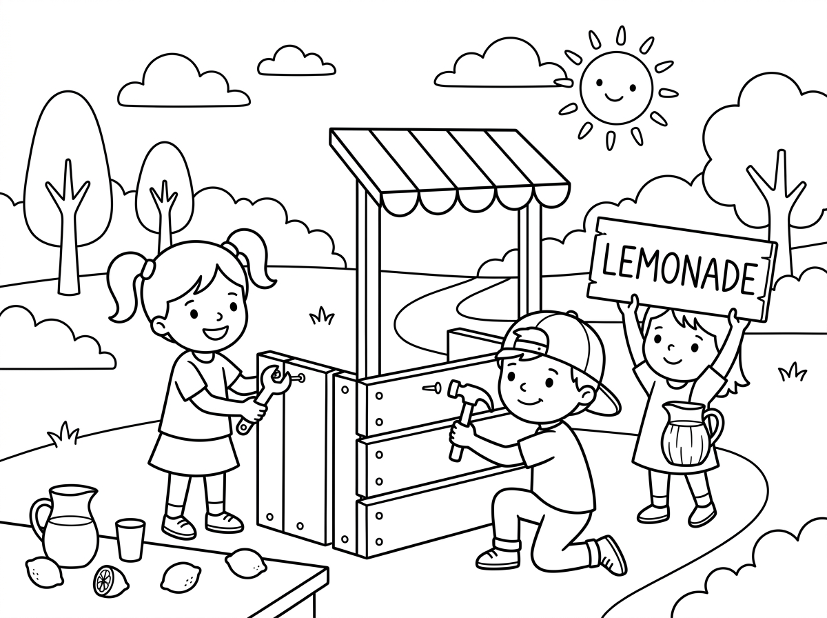 זוהי תמונה ששלושת הילדים משחקים ביחד ובונים הרמונאדה שמים.