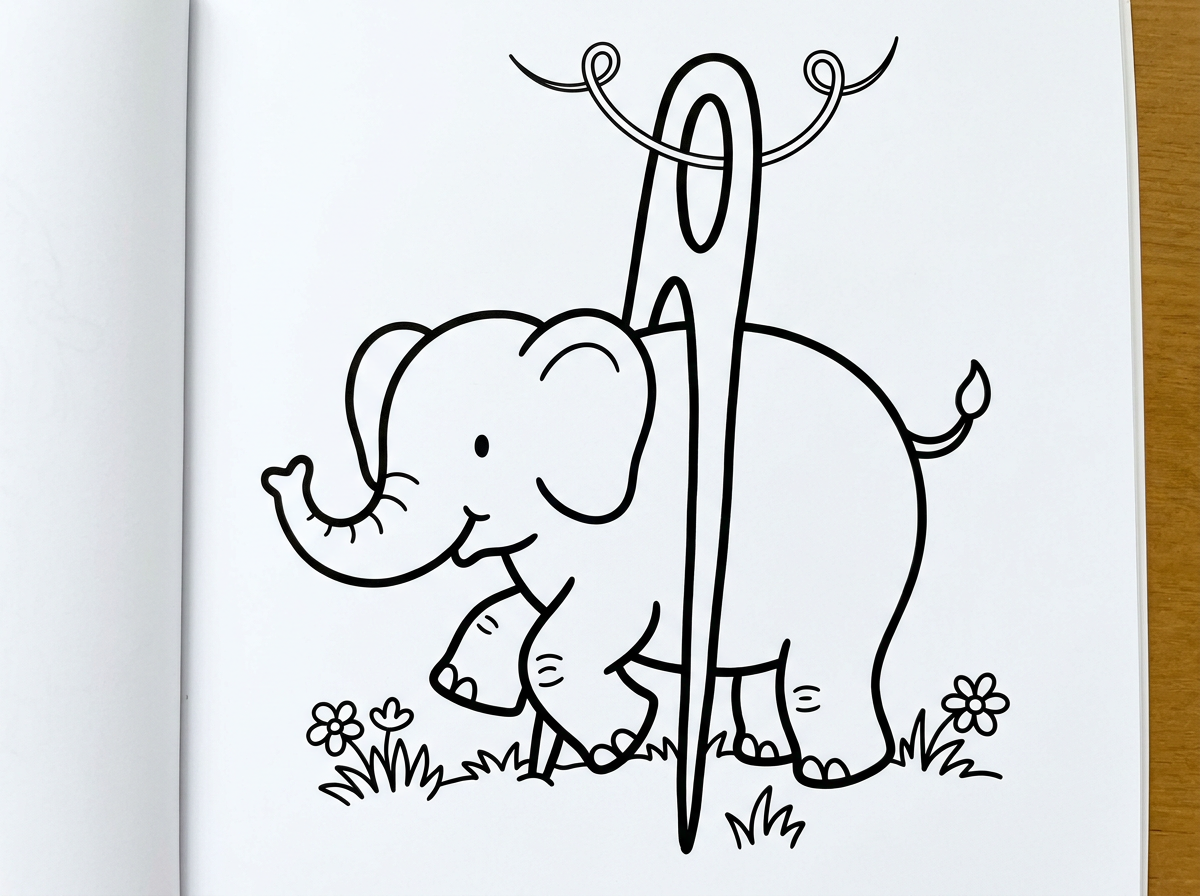 עכשיו אני רוצה ציור של פיל נכנס בתוך חור של מחט