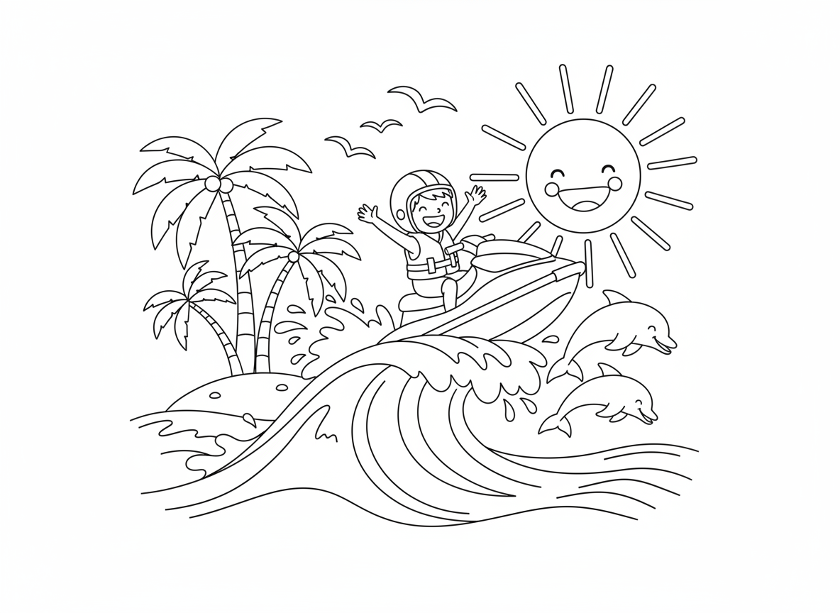 אופנוע ים קופץ גלים - אופנוע ים קופץ מעל גל גדול, רוכב עם קסדה ואפוד הצלה, מתז מים, דולפינים קופצים בקרבת מקום, אי טרופי ברקע, דקלים, שמש, שחפים