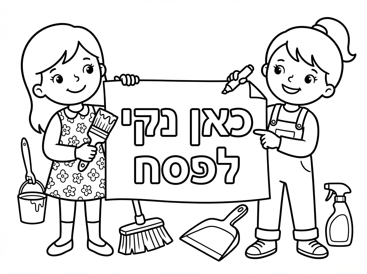 צור לי דף צביעה של הכנת שלט כאן נקי לפסח עם בנות