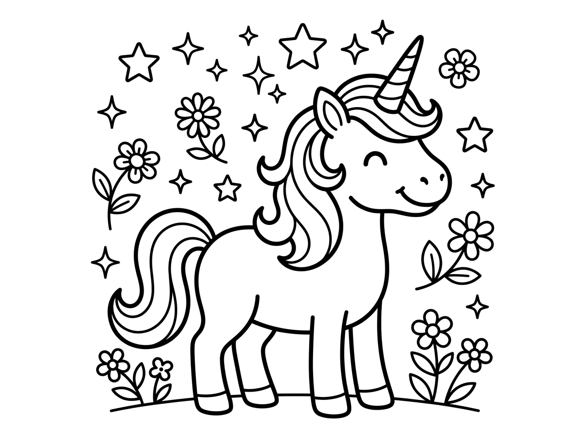 ציור חד קרן עם כוכבים ופרחים