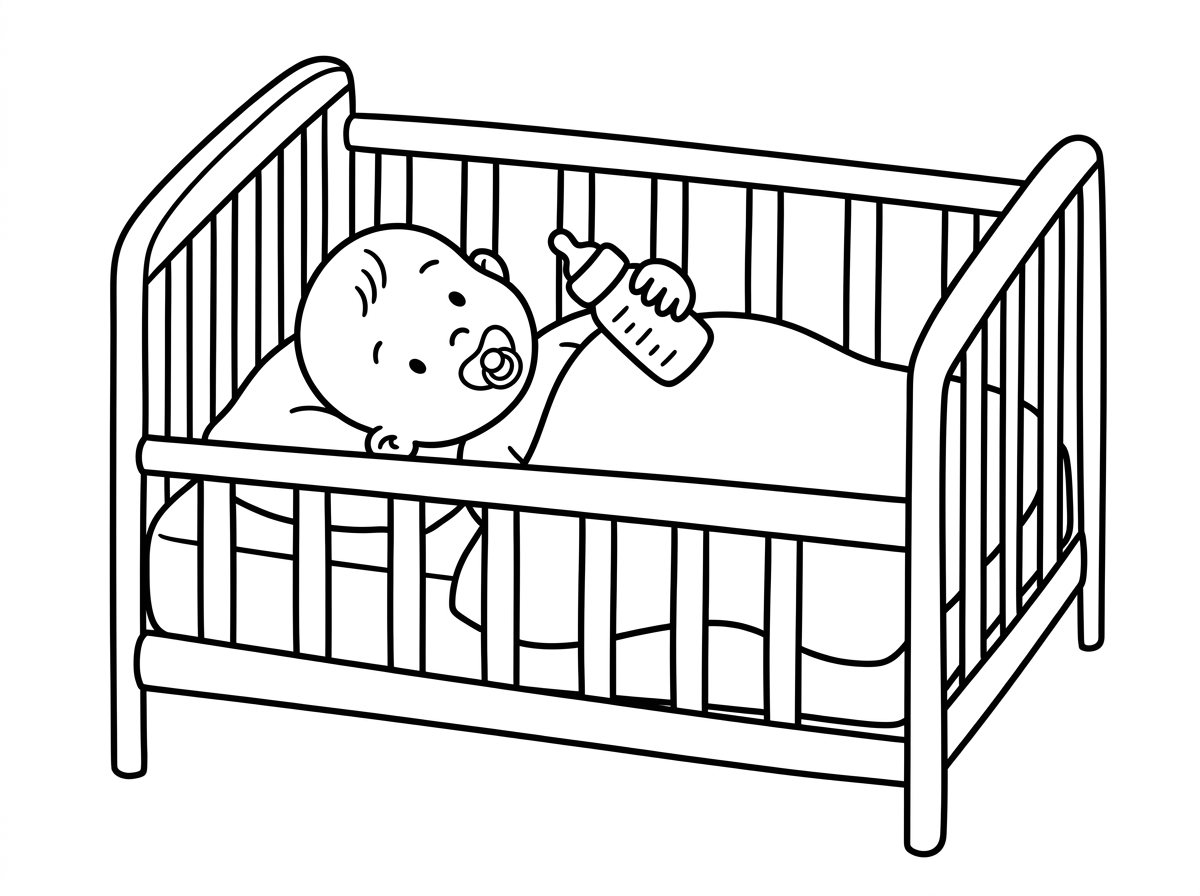 אני רוצה דף צביע של תינוק שוחב בהריבה יש לו מוצצ בפה ובקבוק ביד