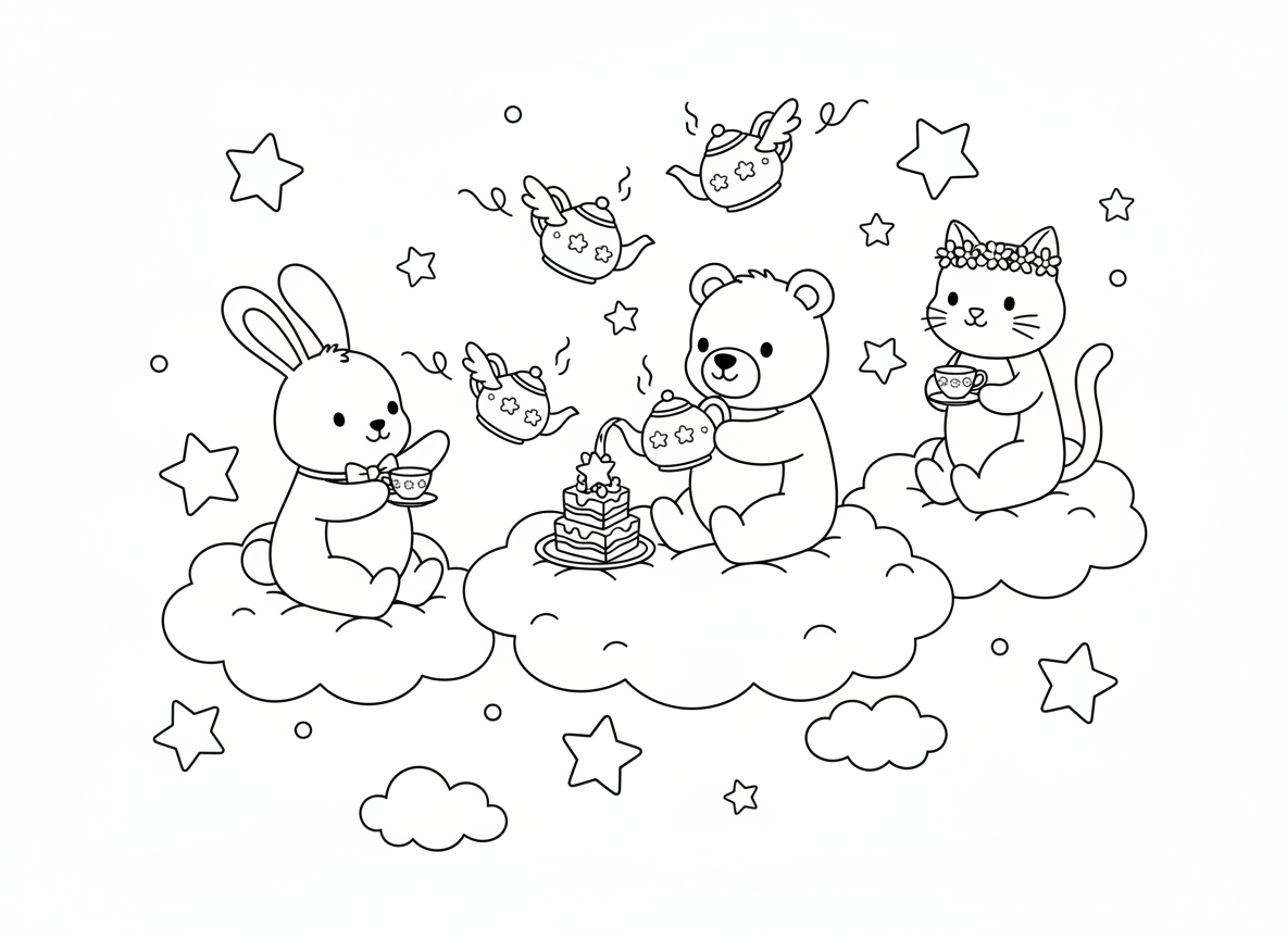 מסיבת תה בעננים
ארנבים, דובים וחתולים יושבים על עננים, מוזגים תה מקומקומים מעופפים, עם עוגות בצורת כוכבים.