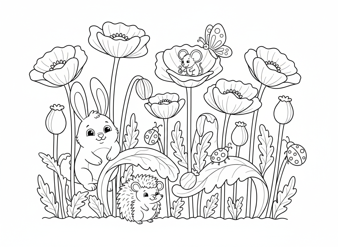 שדה פרגים ענק עם חיות מוסתרות - שדה עצום של פרגים אדומים עם חיות חמודות מציצות, ארנב מתחבא בין גבעולים, קיפוד מתחת לעלה, עכבר יושב על פרג, פרפר נוחת על ניצן, חיפושיות מטפסות על גבעולים