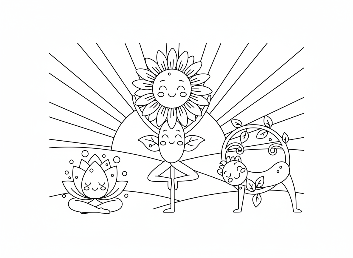 יוגת פרחים בבוקר - פרחים עושים מתיחות יוגה בוקר כשהם מתעוררים ופותחים עלי כותרת, חמנייה עושה ברכת שמש, לוטוס במדיטציה, גפן במתיחות, טל בוקר כטיפות זיעה, זריחה ברקע