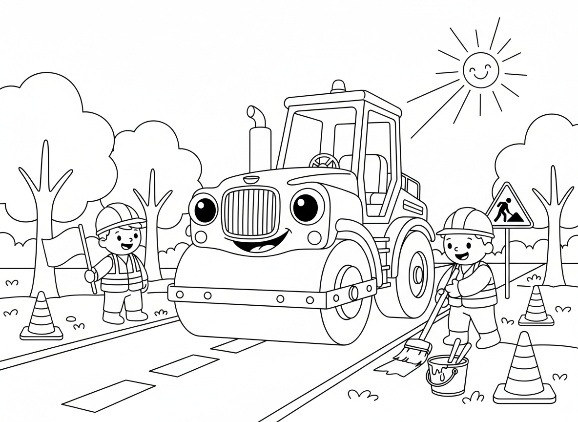 מכבש כביש מישר כביש - מכבש כביש גדול עם פרצוף ידידותי מישר כביש חדש, פועלים מכוונים, אספלט טרי, סימוני כביש נצבעים, קונוסי תנועה, שלטי דרך, עצים לאורך הכביש החדש, שמש זורחת