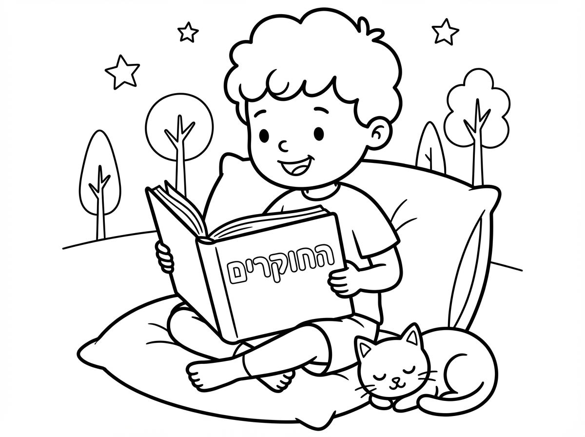 תוכל להכין לי דף צביעה של ילד קורא בספר שנקרא החוקרים