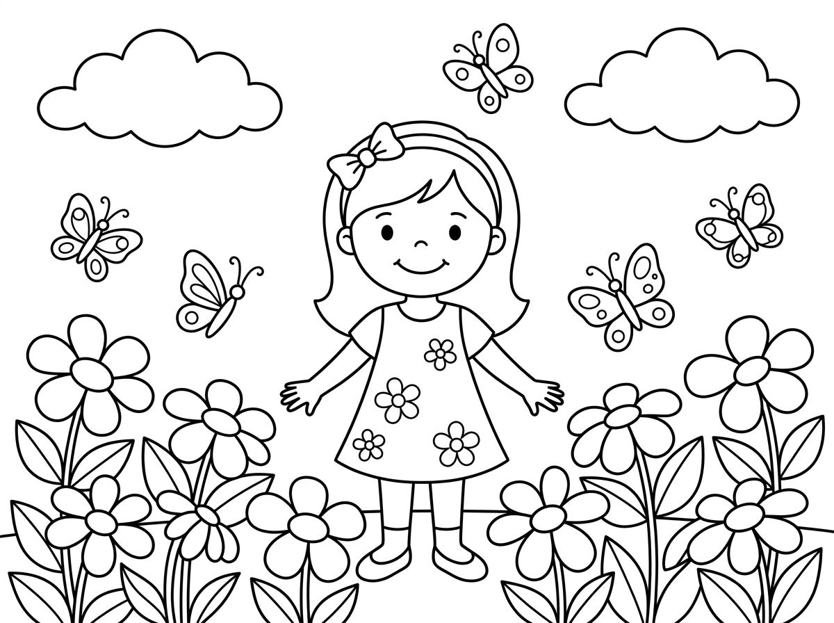 הכן לי דף צביעה ובו ילדה עם שמלה עומדת בשדה פרחים. מעליה פרפרים מתעופפים בשמים