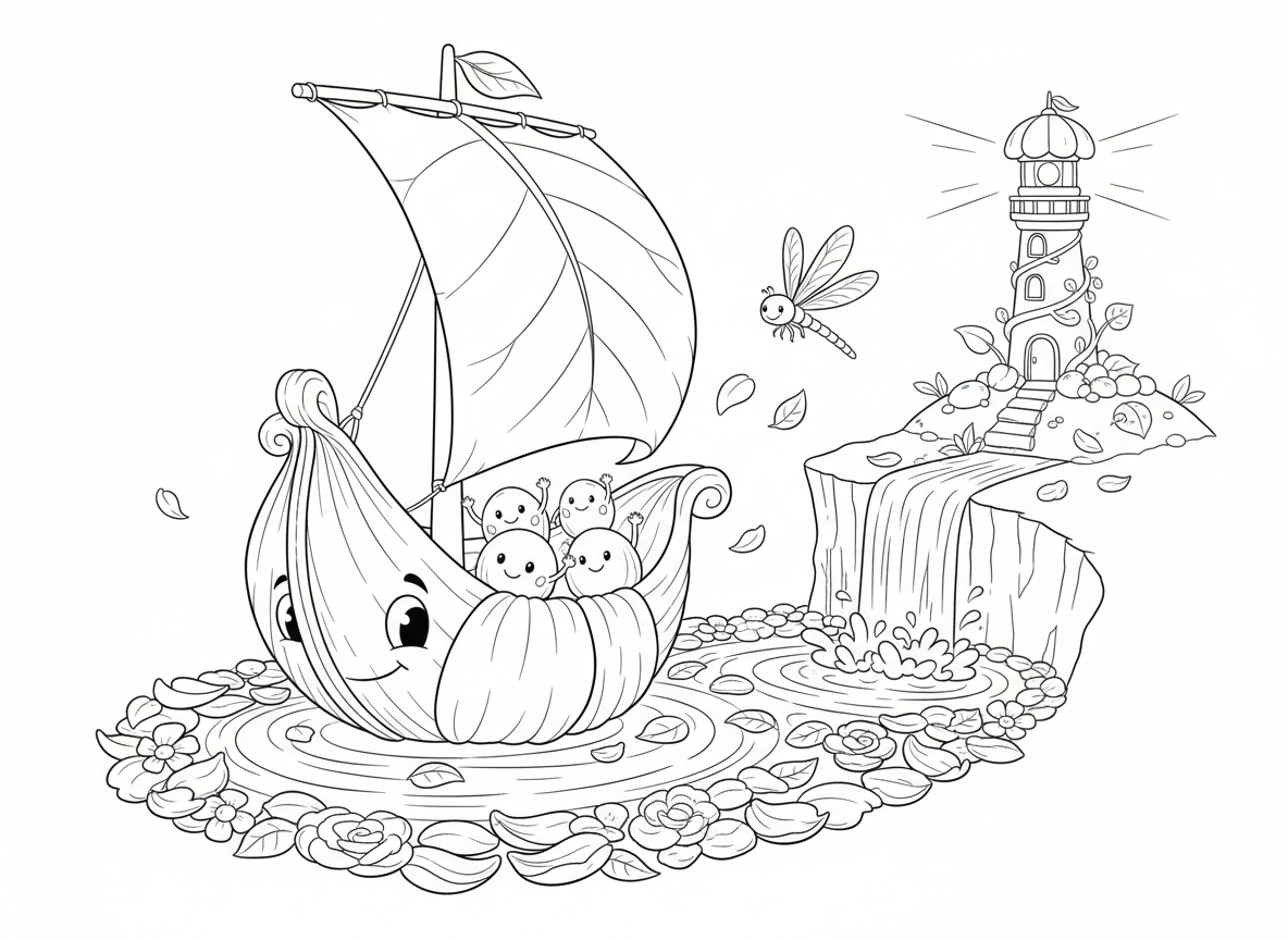 סירת פרח שטה על נהר עלי כותרת - סירה עשויה מפרח גדול שטה על נהר עלי כותרת צפים, מפרש עלה תופס רוח, תורן גבעול, נוסעי זרעים, ליווי שפיריות, מפל עלי כותרת מלפנים, מגדלור פרח