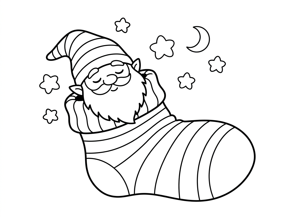 ציור של גמד שישן בתוך גרב כאילו הגרב הוא שק שינה כזה