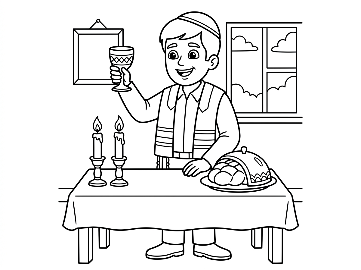 אפשר בקשה ציור של אבא עושה קידוש עם גביע ביד