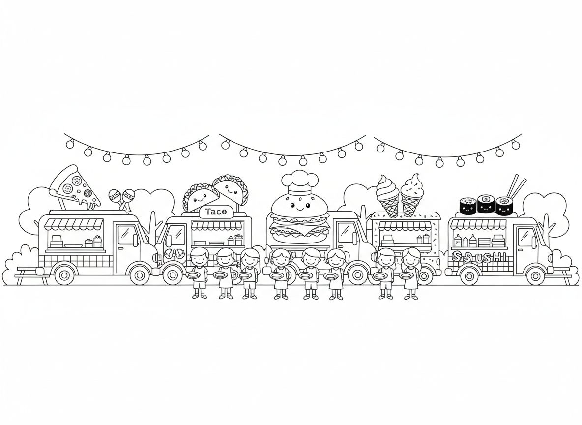 פסטיבל משאיות אוכל - שורת משאיות אוכל שונות בפסטיבל, משאית פיצה, משאית טאקו, משאית המבורגר, משאית גלידה, משאית סושי, כל אחת עם קישוט ייחודי, לקוחות רעבים בתור, שרשרת אורות, פארק