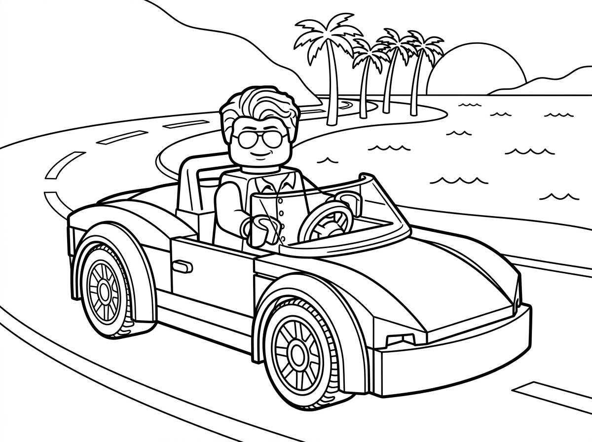 צור תמונה של איש לגו נוסע במכונית ספורט בכביש ליד הים וברקע עצי דקל ויש לו משקפי שמש