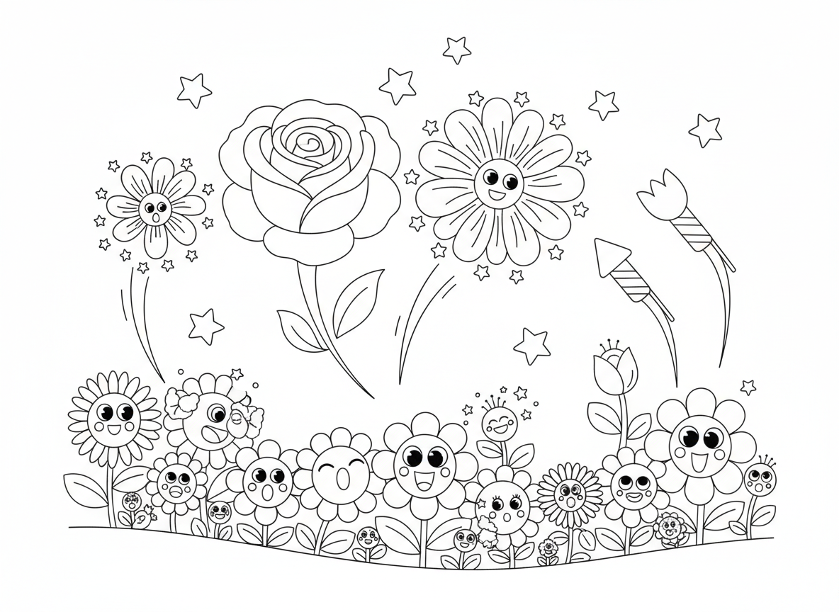 מופע זיקוקי פרחים - שמי לילה מלאים בזיקוקים שמתפוצצים לצורות פרחים, פיצוצי ורדים, התפרצויות חינניות, רקטות צבעונים, קהל פרחים צופה מלמטה, פרצופי פרחים נדהמים, שמי כוכבים